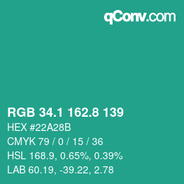 カラーコード: RGB 34.1 162.8 139 | qconv.com