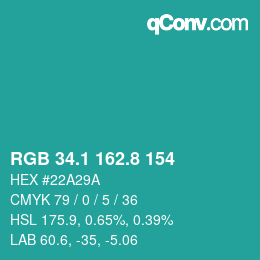 カラーコード: RGB 34.1 162.8 154 | qconv.com