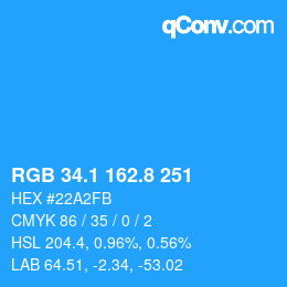 カラーコード: RGB 34.1 162.8 251 | qconv.com