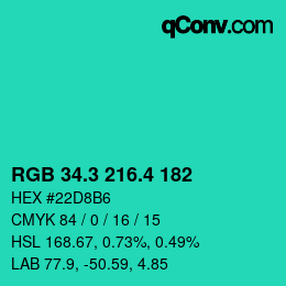 カラーコード: RGB 34.3 216.4 182 | qconv.com
