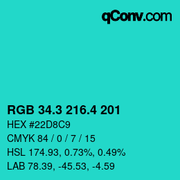 カラーコード: RGB 34.3 216.4 201 | qconv.com