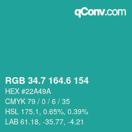 カラーコード: RGB 34.7 164.6 154 | qconv.com