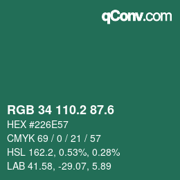カラーコード: RGB 34 110.2 87.6 | qconv.com