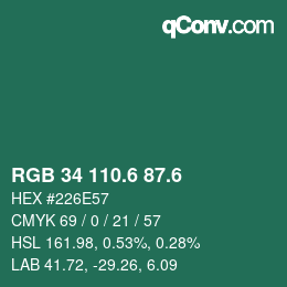 カラーコード: RGB 34 110.6 87.6 | qconv.com