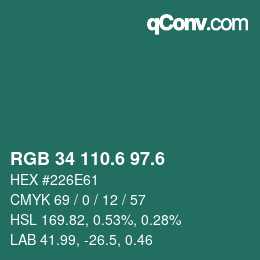 カラーコード: RGB 34 110.6 97.6 | qconv.com