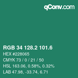 カラーコード: RGB 34 128.2 101.6 | qconv.com