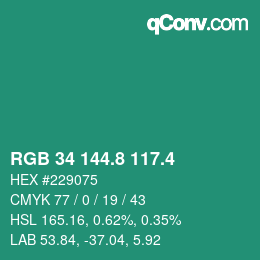 カラーコード: RGB 34 144.8 117.4 | qconv.com