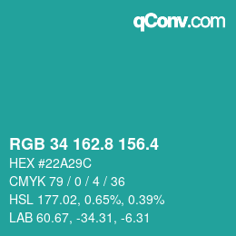 カラーコード: RGB 34 162.8 156.4 | qconv.com