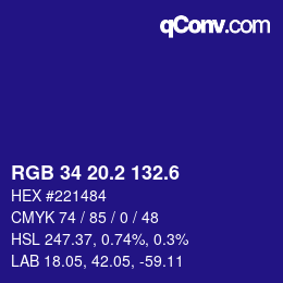 カラーコード: RGB 34 20.2 132.6 | qconv.com