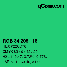 颜色代码: RGB 34 205 118 | qconv.com