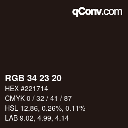 Color code: RGB 34 23 20 | qconv.com