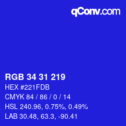 颜色代码: RGB 34 31 219 | qconv.com