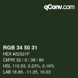 Color code: RGB 34 50 31 | qconv.com