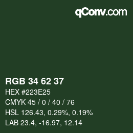 カラーコード: RGB 34 62 37 | qconv.com