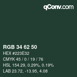 Color code: RGB 34 62 50 | qconv.com