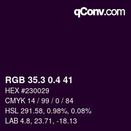 カラーコード: RGB 35.3 0.4 41 | qconv.com