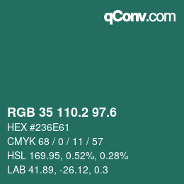 カラーコード: RGB 35 110.2 97.6 | qconv.com
