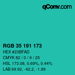 Color code: RGB 35 191 173 | qconv.com