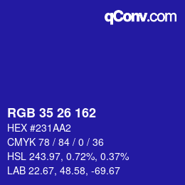 Color code: RGB 35 26 162 | qconv.com