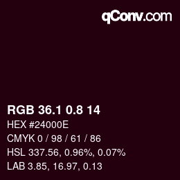 カラーコード: RGB 36.1 0.8 14 | qconv.com
