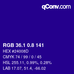 カラーコード: RGB 36.1 0.8 141 | qconv.com