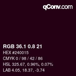カラーコード: RGB 36.1 0.8 21 | qconv.com