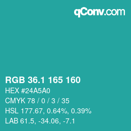 カラーコード: RGB 36.1 165 160 | qconv.com