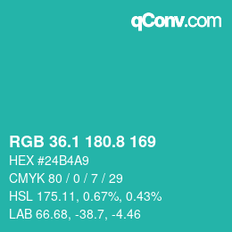 カラーコード: RGB 36.1 180.8 169 | qconv.com
