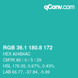 カラーコード: RGB 36.1 180.8 172 | qconv.com
