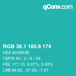 カラーコード: RGB 36.1 180.8 174 | qconv.com