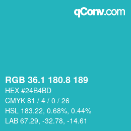 カラーコード: RGB 36.1 180.8 189 | qconv.com