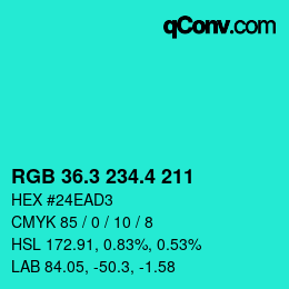 カラーコード: RGB 36.3 234.4 211 | qconv.com