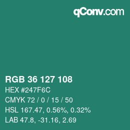 Color code: RGB 36 127 108 | qconv.com