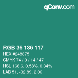 Color code: RGB 36 136 117 | qconv.com