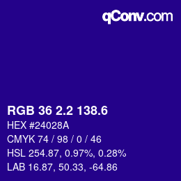 カラーコード: RGB 36 2.2 138.6 | qconv.com