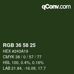 Color code: RGB 36 58 25 | qconv.com