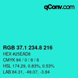 カラーコード: RGB 37.1 234.8 216 | qconv.com