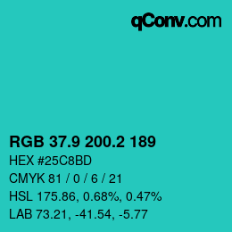 カラーコード: RGB 37.9 200.2 189 | qconv.com