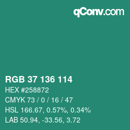 Color code: RGB 37 136 114 | qconv.com