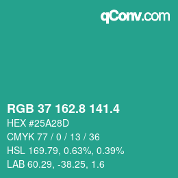 カラーコード: RGB 37 162.8 141.4 | qconv.com