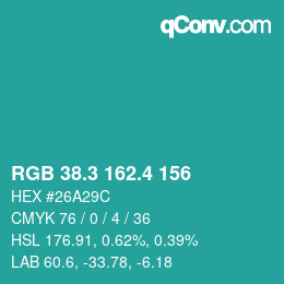 カラーコード: RGB 38.3 162.4 156 | qconv.com