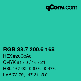 カラーコード: RGB 38.7 200.6 168 | qconv.com
