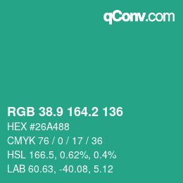 カラーコード: RGB 38.9 164.2 136 | qconv.com