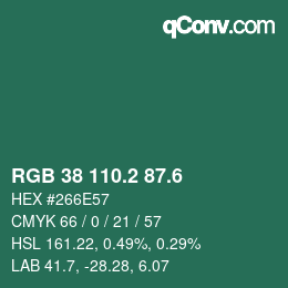 カラーコード: RGB 38 110.2 87.6 | qconv.com