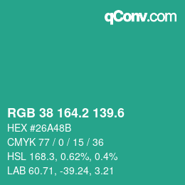 カラーコード: RGB 38 164.2 139.6 | qconv.com