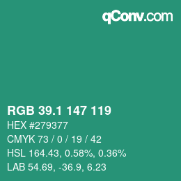 カラーコード: RGB 39.1 147 119 | qconv.com