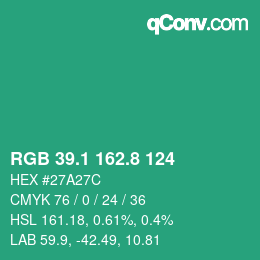 カラーコード: RGB 39.1 162.8 124 | qconv.com