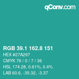 カラーコード: RGB 39.1 162.8 151 | qconv.com