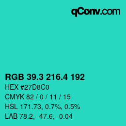 カラーコード: RGB 39.3 216.4 192 | qconv.com