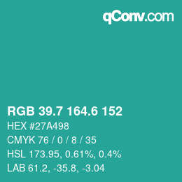 カラーコード: RGB 39.7 164.6 152 | qconv.com